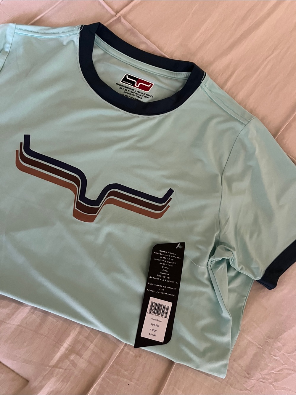 Kimes Ranch Light Blue Short Sleeve Tee with Navy Trim and Brown Accent Logo